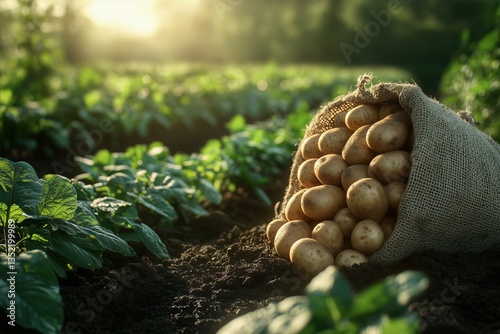 Freshly Harvested Potatoes in a Burlap Sack on a Farm