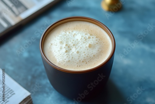 Warm Cup of Beverage Rests on Blue Table, Surrounded by Newspaper and Decorat...