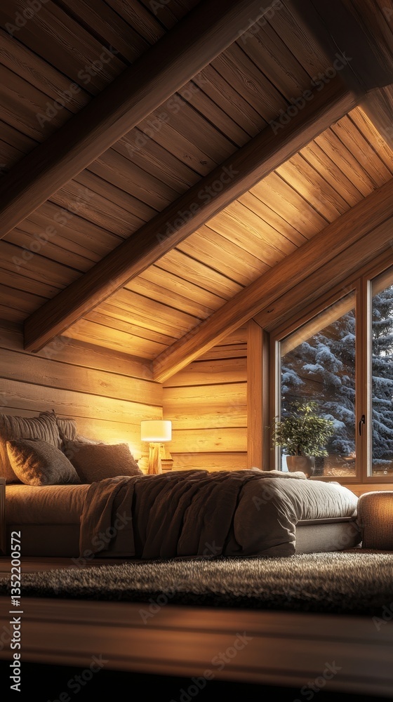 A cozy and inviting bedroom inside of a wooden cabin A cozy and inviting bedroom inside of a wooden cabin