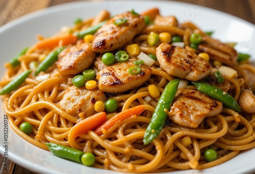 Delicious Chicken and Vegetable Stir-Fry Noodles on a White Plate Closeup