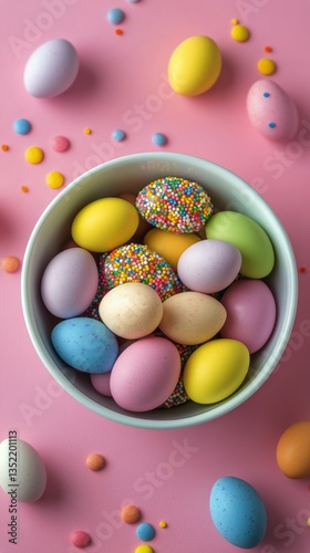 Colorful Easter Eggs in a Bowl on a Pink Surface With Candy Decorations