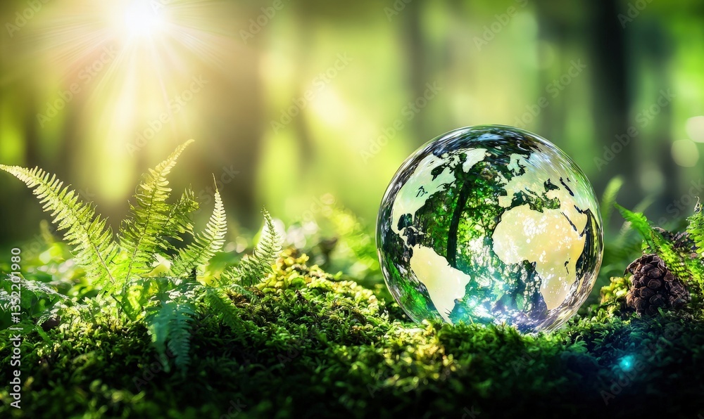 Glass Earth globe on lush moss and ferns under sunlight, symbolizing sustainability, ecology, and environmental care. Great for eco campaigns or nature concepts Glass Earth globe on lush moss and ferns under sunlight, symbolizing sustainability, ecology, and environmental care. Great for eco campaigns or nature concepts