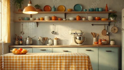 Sunny Kitchen Interior with Vintage Stand Mixer and Colorful Dishes