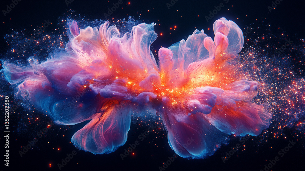 Obraz premium Cosmic explosion with pink and blue fluid colors against black space background, abstract nebula concept for creativity, imagination and universe exploration