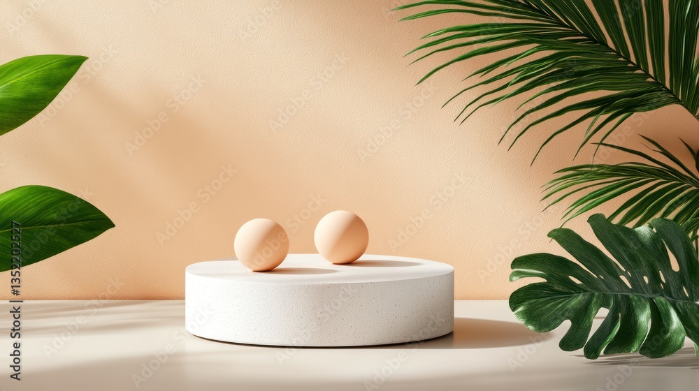 Fototapeta premium Minimalist display podium with pastel spheres and tropical leaves