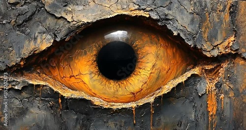 Abstract art eye in cracked stone sculpture