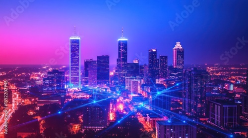 Wallpaper Mural Cityscape at night with glowing network. Aerial view of illuminated buildings and connecting lines. Possible use Stock photo for technology, business, or urban development concepts Torontodigital.ca