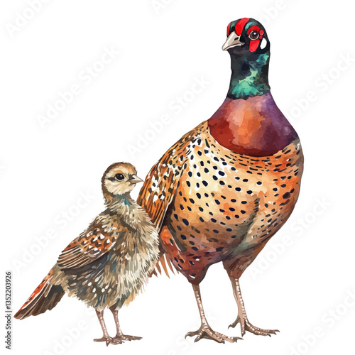 A watercolor vector painting of a mother pheasant with her kid, isolated on a white background. Mother pheasant vector.

