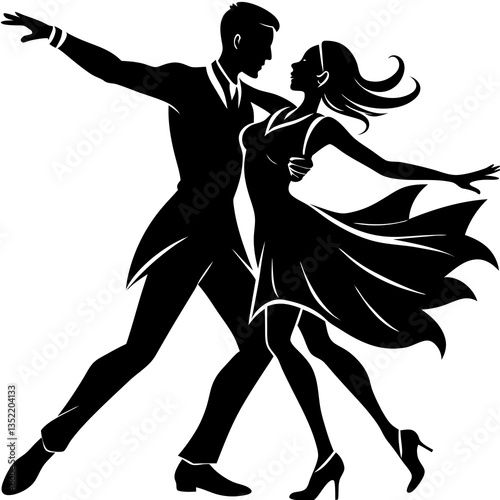 A silhouette of a couple performing a salsa dance, captured mid-movement with dynamic, fluid moves