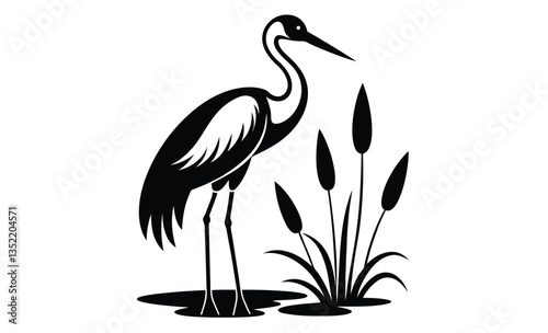 Stork bird silhouette with cattails, vector illustration