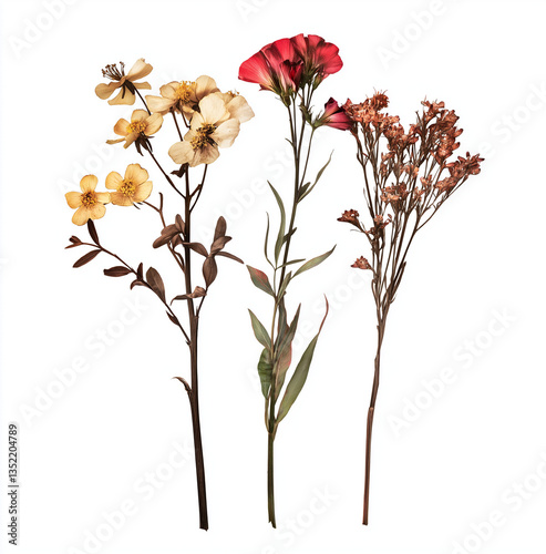 Three Dried Flowers Isolated on Transparent Background – High-Resolution PNG Cutout for Graphic Design, Floral Arrangements, and Decorative Elements. No Shadows, Clean and Detailed