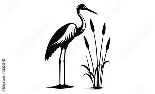 Stork bird silhouette with cattails, vector illustration