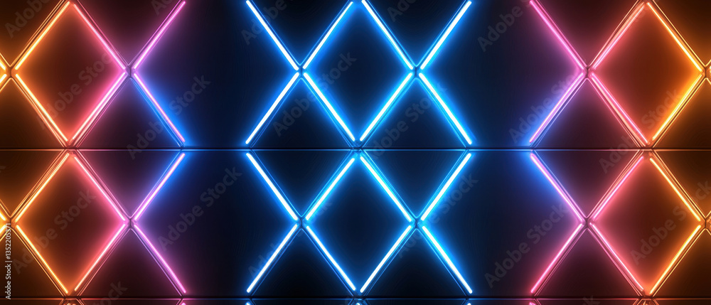 Bright neon lights create abstract pattern of intersecting diamonds, showcasing vibrant colors like blue, pink, and orange against dark background
