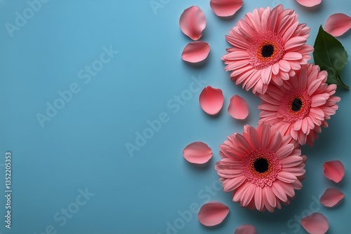 Bright Pink Gerbera Daisies With Petals Arranged on a Blue Background