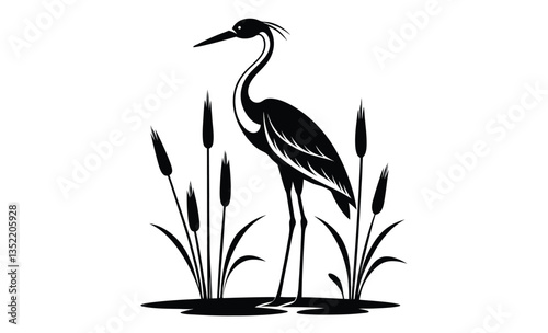 Stork bird silhouette with cattails, vector illustration