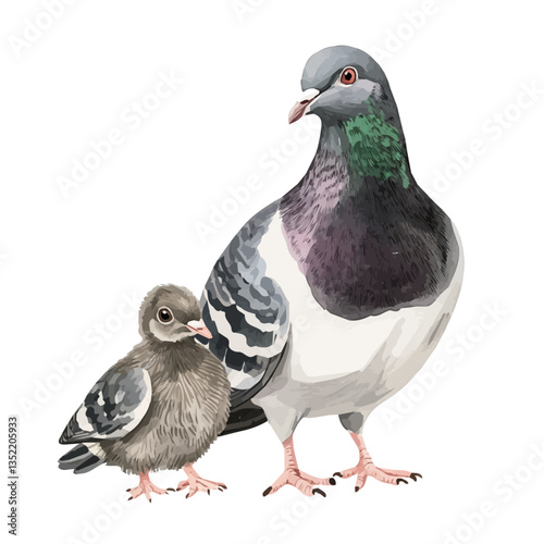A watercolor vector painting of a mother pigeon with her kid, isolated on a white background. Mother pigeon vector.

