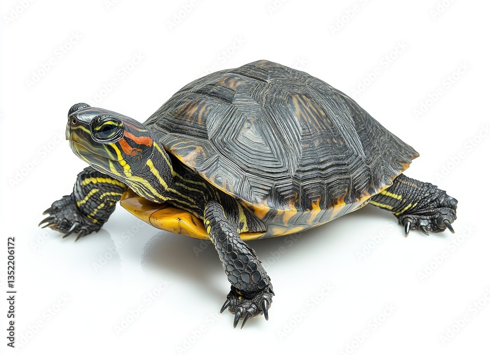 Red Eared Slider Turtle Walking Isolated on White Background Studio Shot Red Eared Slider Turtle Walking Isolated on White Background Studio Shot
