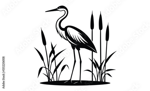 Stork bird silhouette with cattails, vector illustration
