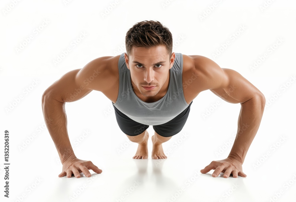 A muscular man performs a push-up on a white background A muscular man performs a push-up on a white background