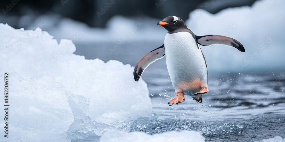 Fototapeta premium Group of penguins in snow Arctic environment. World penguin day