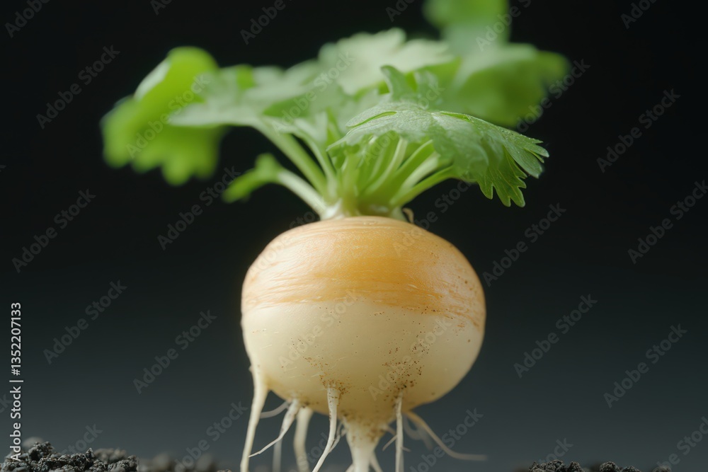 Small Orange And White Radish Sprout With Green Leaves Against Dark Background Small Orange And White Radish Sprout With Green Leaves Against Dark Background