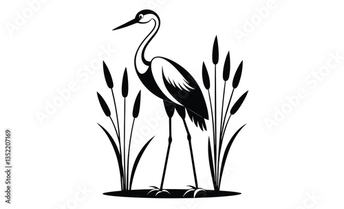 Stork bird silhouette with cattails, vector illustration