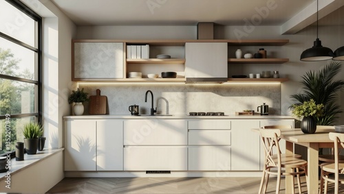 Wallpaper Mural A kitchen with a window and a potted plant. The kitchen is clean and well-organized, with a white countertop and cabinets. The potted plant adds a touch of greenery to the space Torontodigital.ca