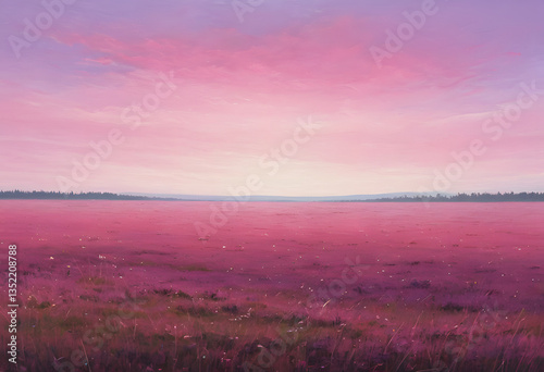A vast, empty meadow stretching to the horizon, painted in shades of pink and purple.