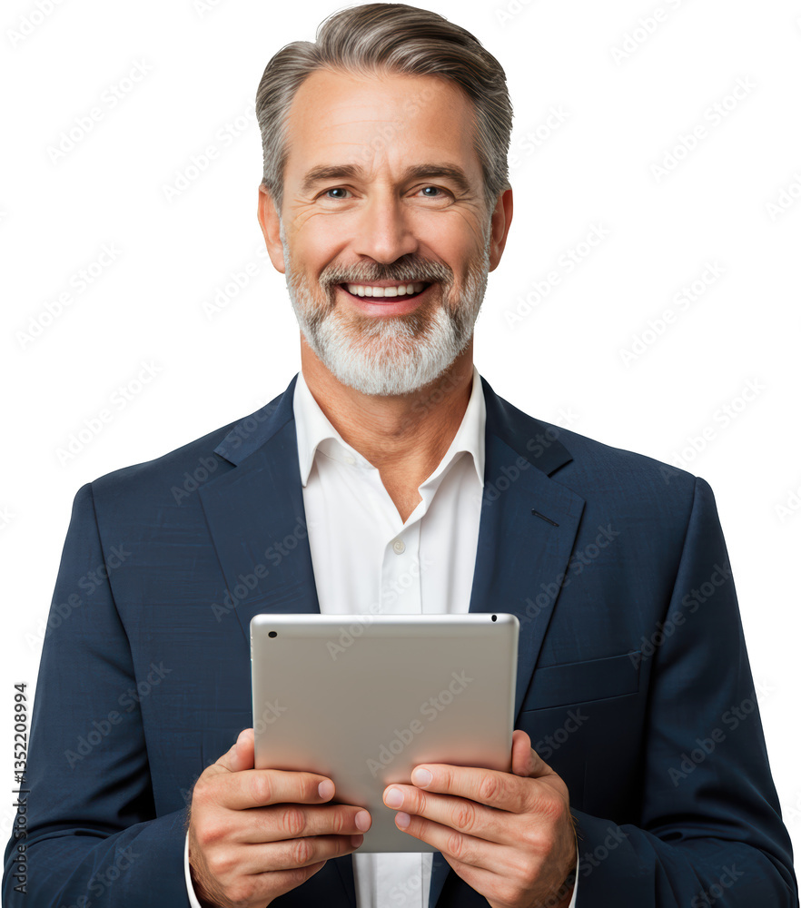 Happy Mature Businessman Holding a Tablet Computer Smiling Senior Man in Suit Using Digital Technology