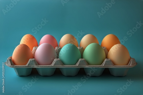 Colorful Eggs Arranged Neatly in a Carton on a Blue Background for Festive De...