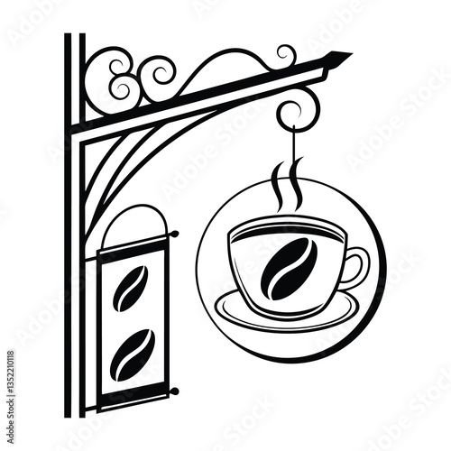 Vintage Coffee Shop Signboard Logo with Elegant Swirls and Cup Icon .