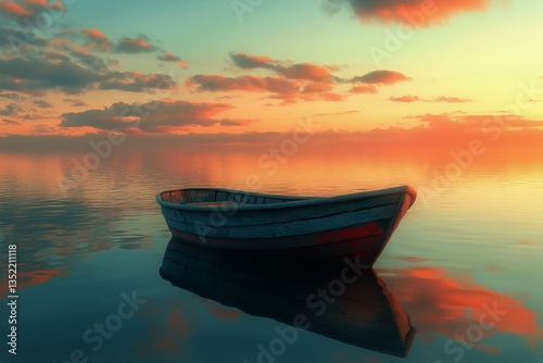Serene Sunset Over Tranquil Water With a Lone Wooden Boat Floating Peacefully