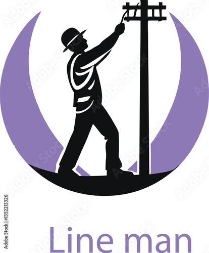 Adobe Illustrator ArtworkSilhouette of a Lineman Working on Utility Pole Against Purple Crescent Backdrop, Symbolizing Power and Telecommunications Maintenance