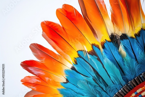 Colorful feathers in an Indian headdress, white background,