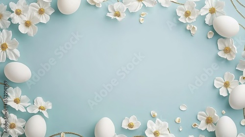 Easter-themed frame with white florals and golden accents on serene blue backdrop. Ultra-detailed illustration with volumetric lighting effects and professional color grading, perfect for greeting car