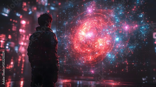 Spacecraft captain navigating a holographic star map with glowing constellations and space anomalies