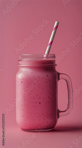 Refreshing Pink Smoothie in a Glass Jar With Striped Straw Against a Pastel B...