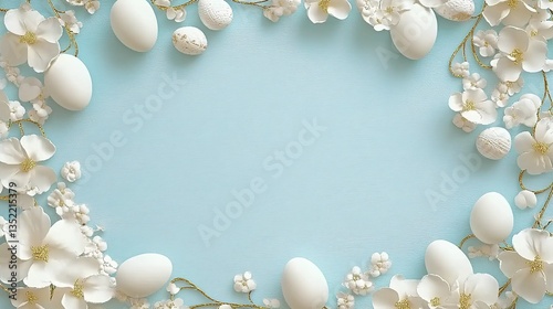  Intricate golden-framed Easter pattern with white blossoms and pastel eggs on light blue canvas. Hyper-realistic rendering with sharp details and dynamic shadows, optimized for packaging design, soci