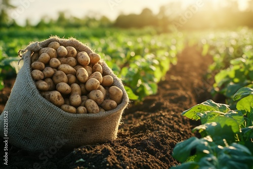 Freshly Harvested Potatoes in a Burlap Sack on a Farm