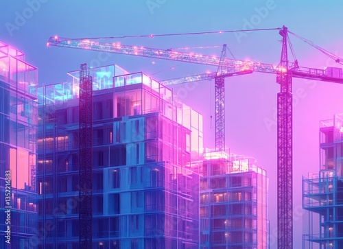 Building Construction with Cranes Against a Colorful Sky at Twilight