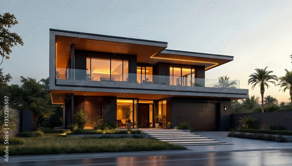 Modern Two-story House Design at Dusk with Warm Lighting Modern Two-story House Design at Dusk with Warm Lighting