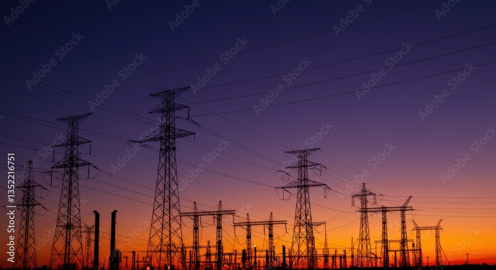 Fototapeta premium Power Lines Silhouette Against a Vibrant Sunset Sky Backdrop