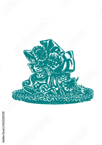Illustration of a woman's hat full of floral ornament.