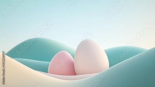 Surreal Soft Gradient Landscape with Rounded 3D Hills and Floating Egg-Like Forms in Blush Pink and Cream. Ultra-Minimalist Composition with No Shadows for Calming Wall Art, Tech Interface Backgrounds