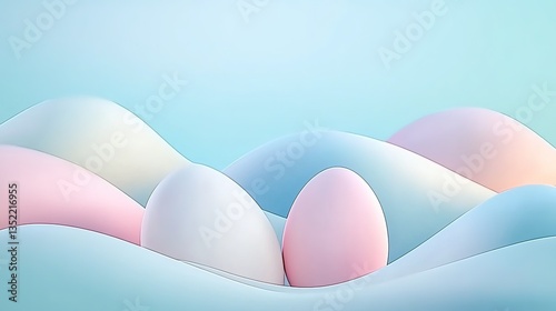 Abstract 3D Rendering of Smooth Curved Hills in Soft Pastel Tones with Pink-White Egg-Shaped Object on Light Blue Gradient Background. Minimalist Concept for Modern Branding, Digital Landscape Visuals