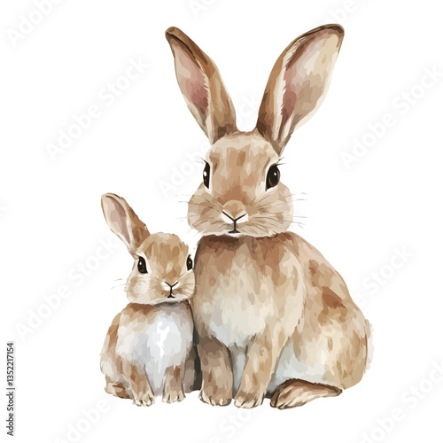 A watercolor vector painting of a mother rabbit with her kid, isolated on a white background. Mother rabbit vector.

