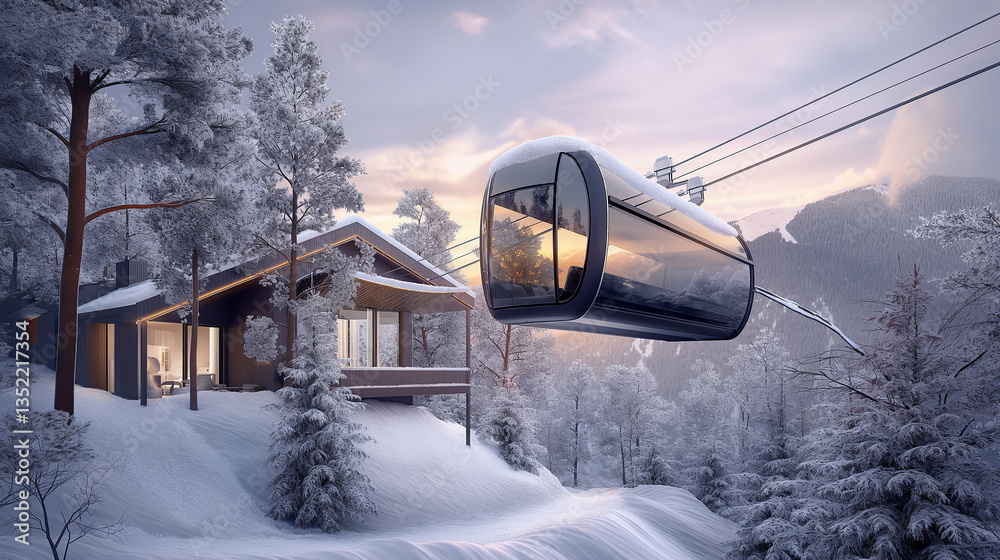 Obraz premium New modern spacious big cabin ski lift gondola against snowcapped forest tree and mountain peaks covered in snow landscape in luxury winter alpine resort