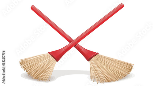 Close-up studio shot of two brooms with red plastic handles crossed against a pure white background. The brooms have light beige/tan natural fiber bristles arranged in a fan shape.  The image is