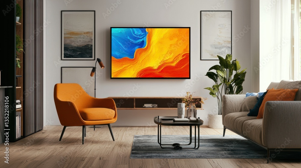 Fototapeta premium A digital screen displaying changing artwork, mounted on a living room wall