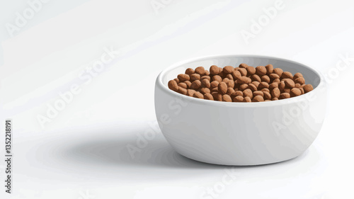 A close-up studio shot of a white, round bowl filled with light brown dry pet food kibble. The bowl is positioned slightly off-center against a plain white background.  A subtle shadow is cast to